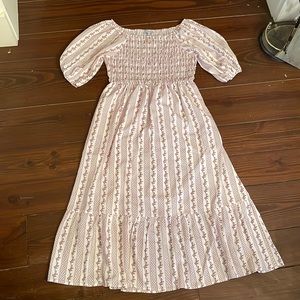 Summer smocked puff sleeve square neck midi dress M